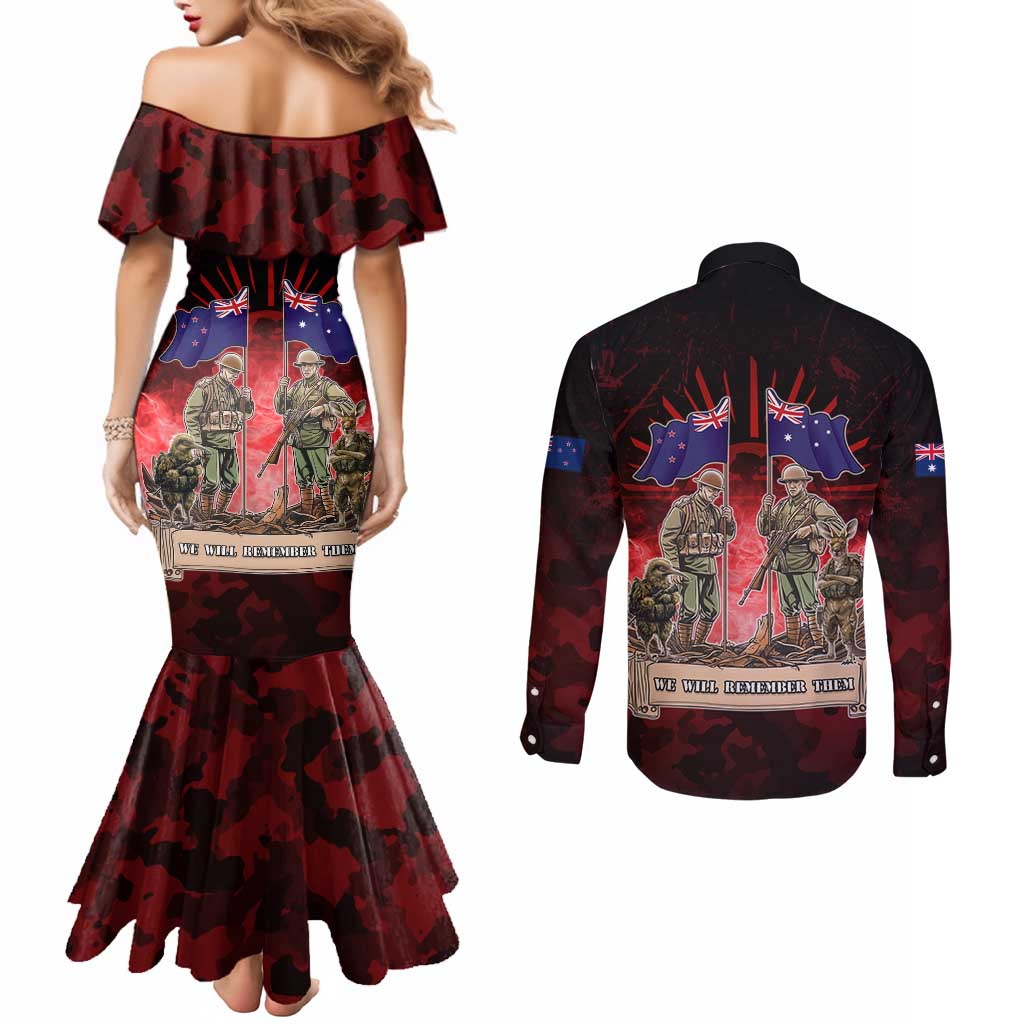 Australia And New Zealand ANZAC Day Couples Matching Mermaid Dress and Long Sleeve Button Shirt Soldiers Lest We Forget