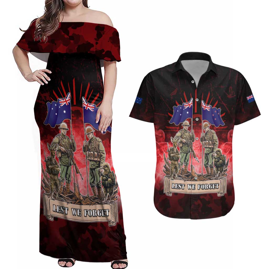 Australia And New Zealand ANZAC Day Couples Matching Off Shoulder Maxi Dress and Hawaiian Shirt Soldiers Lest We Forget