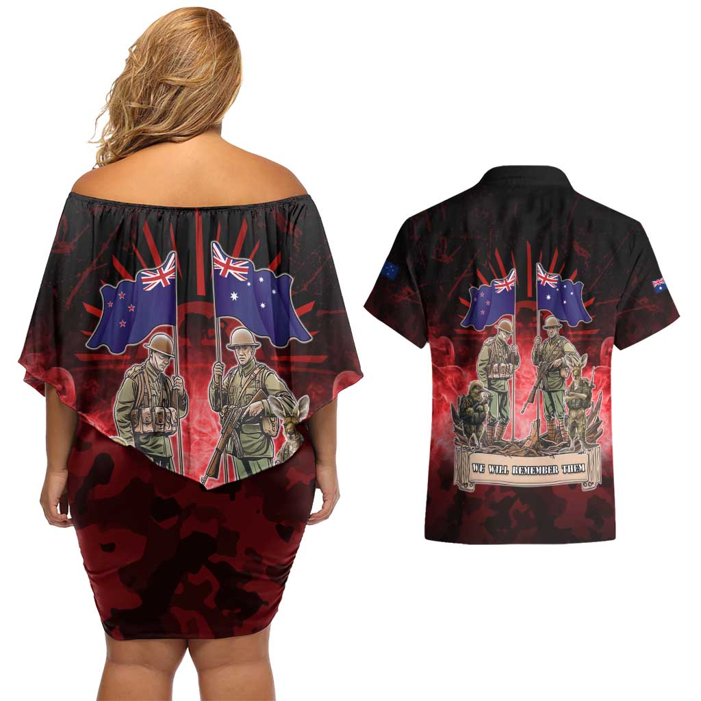 Australia And New Zealand ANZAC Day Couples Matching Off Shoulder Short Dress and Hawaiian Shirt Soldiers Lest We Forget