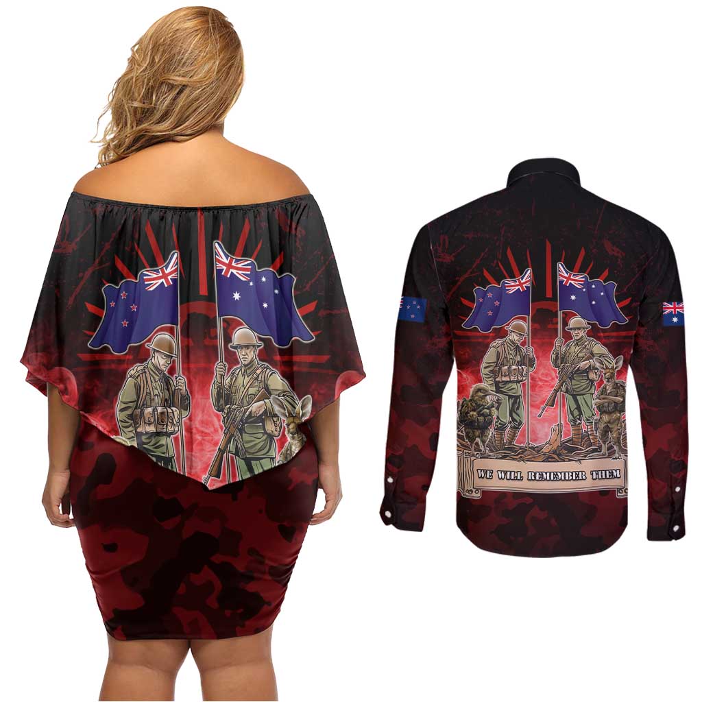 Australia And New Zealand ANZAC Day Couples Matching Off Shoulder Short Dress and Long Sleeve Button Shirt Soldiers Lest We Forget