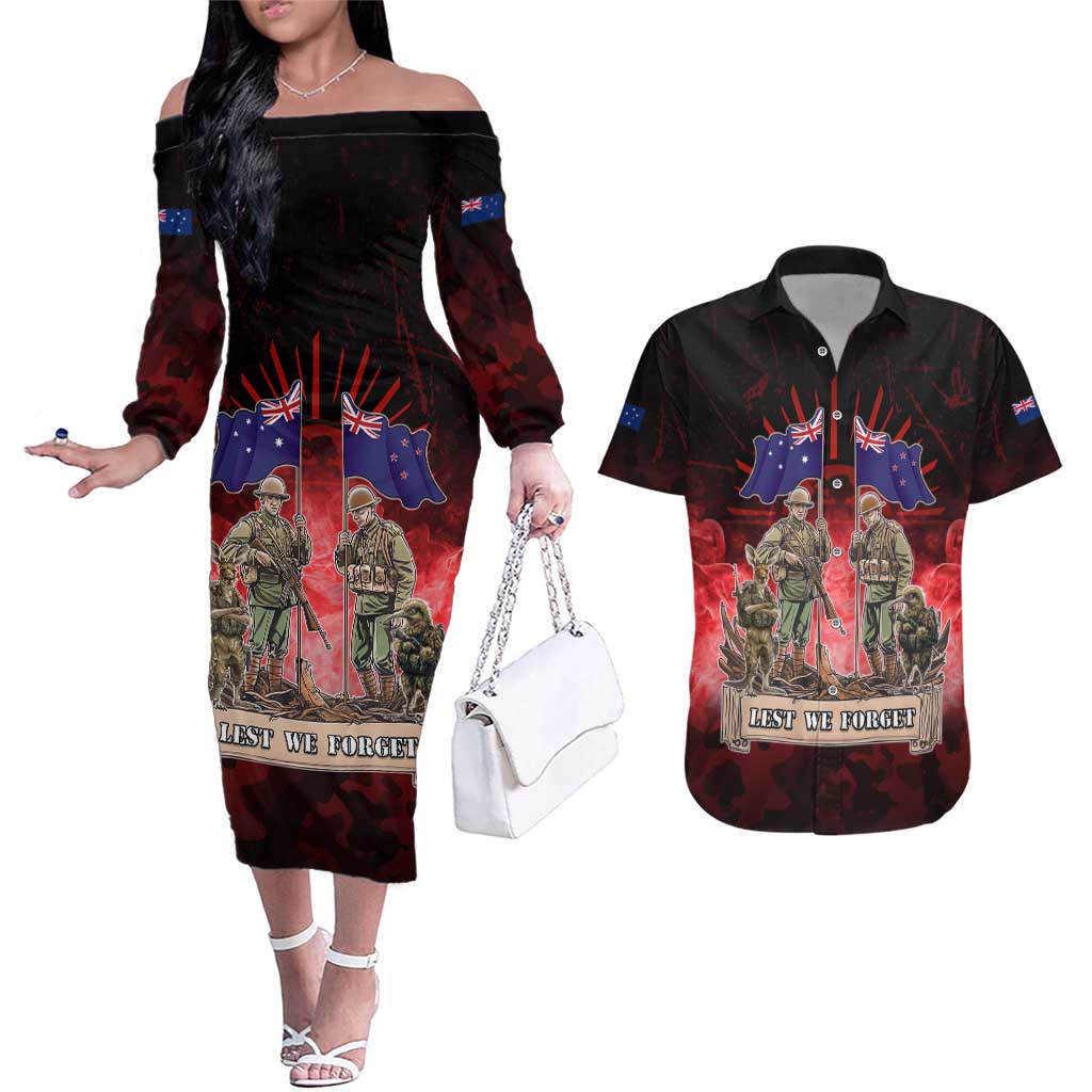 Australia And New Zealand ANZAC Day Couples Matching Off The Shoulder Long Sleeve Dress and Hawaiian Shirt Soldiers Lest We Forget
