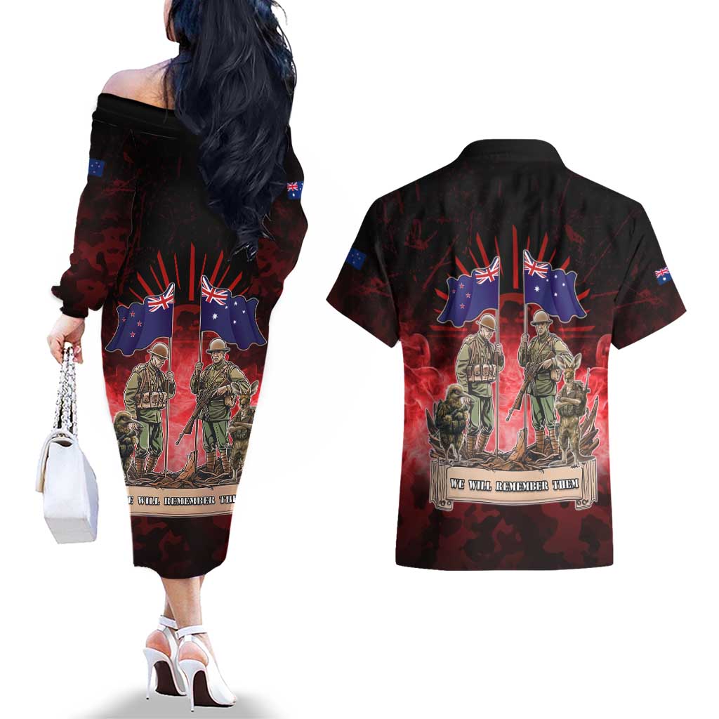 Australia And New Zealand ANZAC Day Couples Matching Off The Shoulder Long Sleeve Dress and Hawaiian Shirt Soldiers Lest We Forget