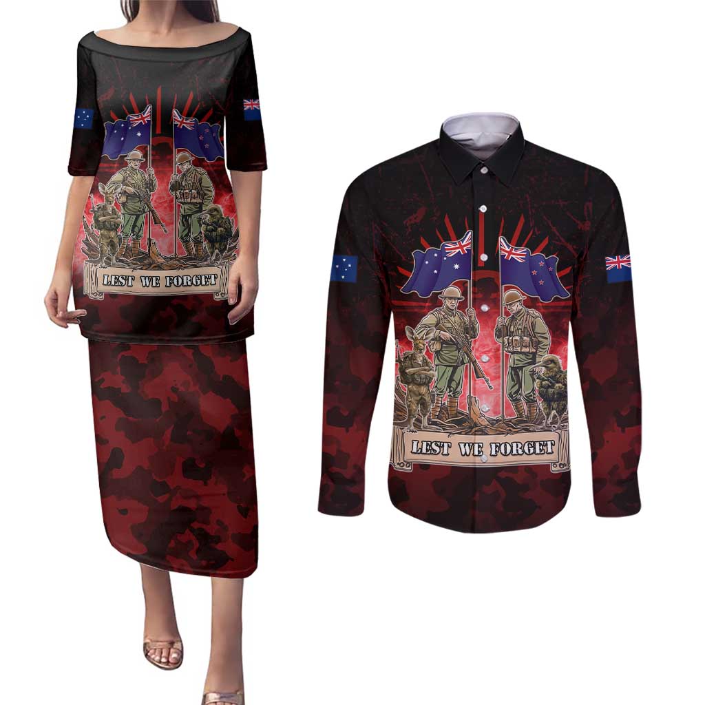Australia And New Zealand ANZAC Day Couples Matching Puletasi and Long Sleeve Button Shirt Soldiers Lest We Forget