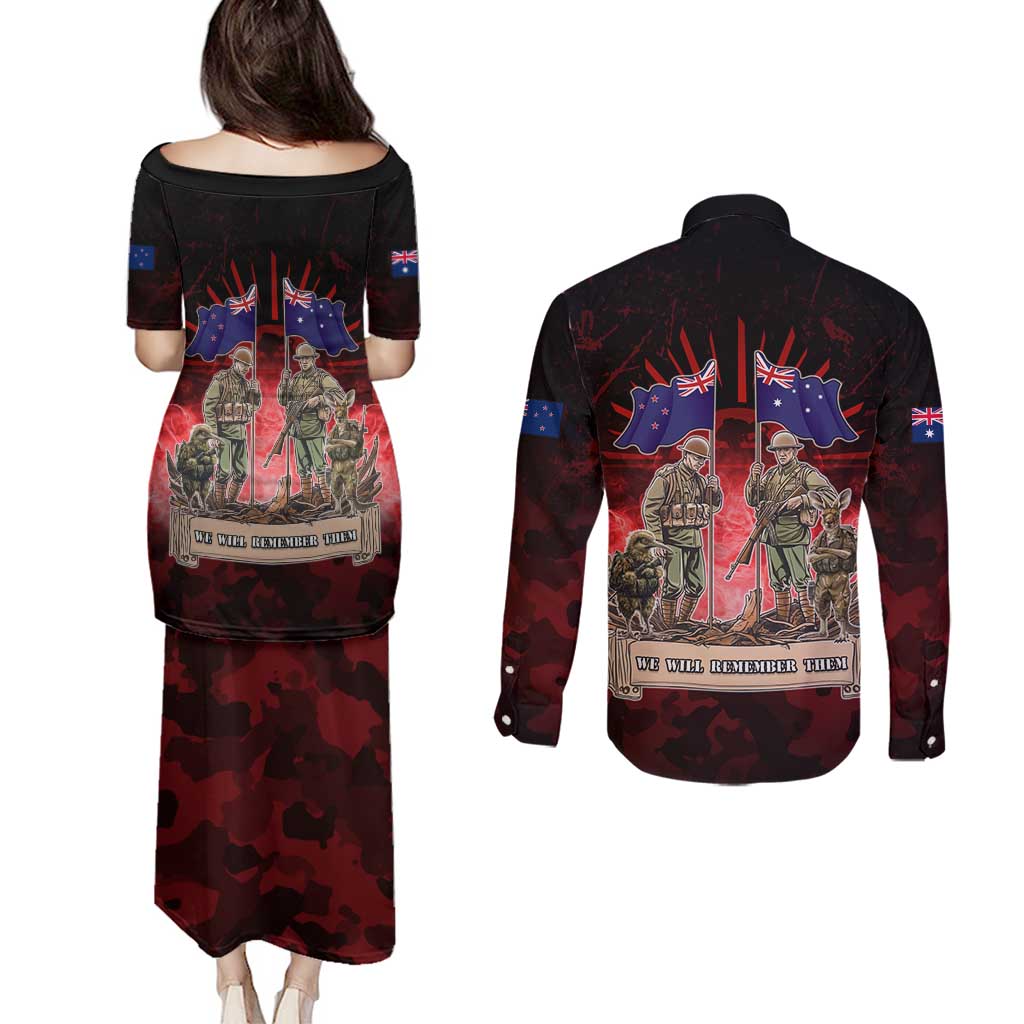 Australia And New Zealand ANZAC Day Couples Matching Puletasi and Long Sleeve Button Shirt Soldiers Lest We Forget