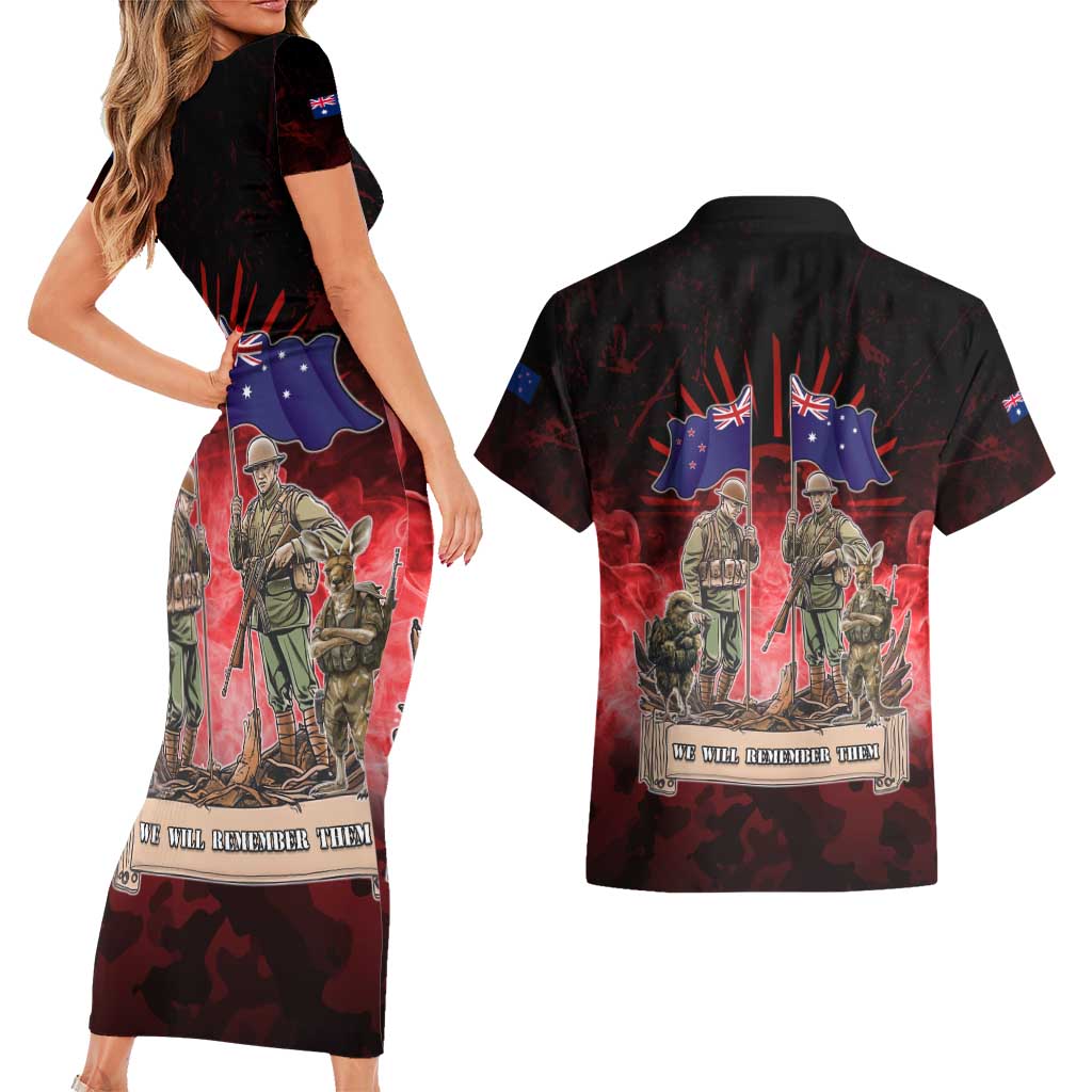 Australia And New Zealand ANZAC Day Couples Matching Short Sleeve Bodycon Dress and Hawaiian Shirt Soldiers Lest We Forget