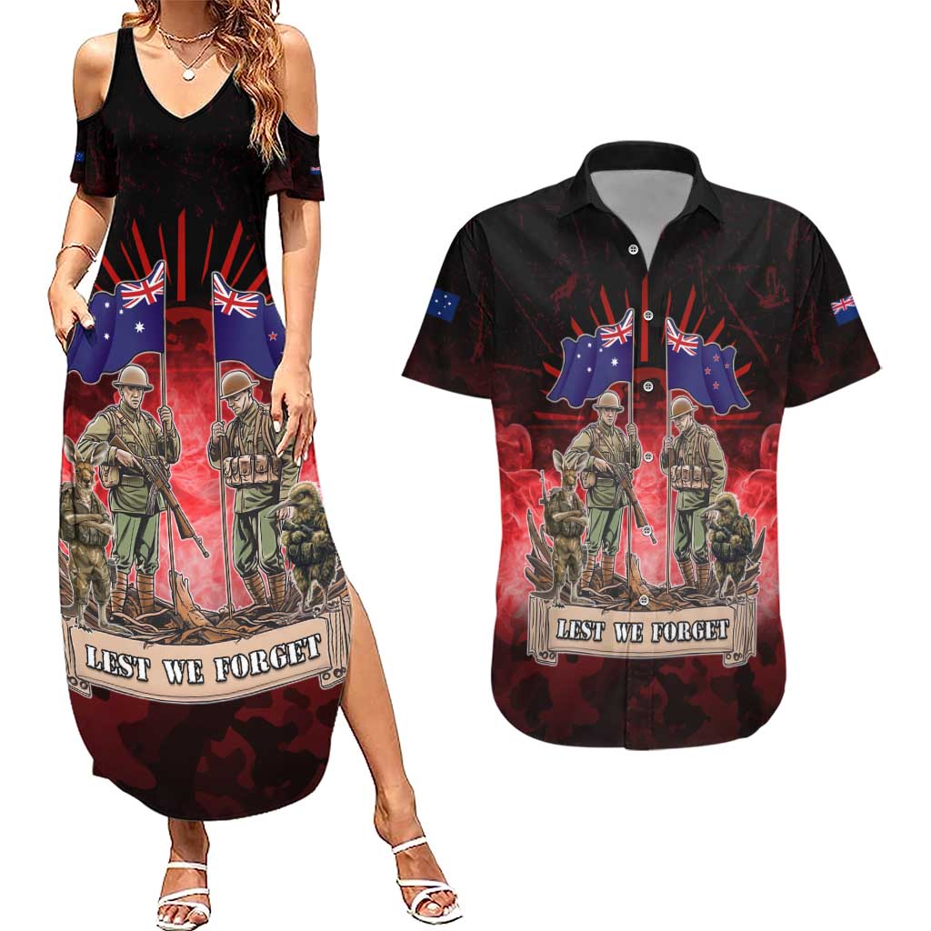 Australia And New Zealand ANZAC Day Couples Matching Summer Maxi Dress and Hawaiian Shirt Soldiers Lest We Forget