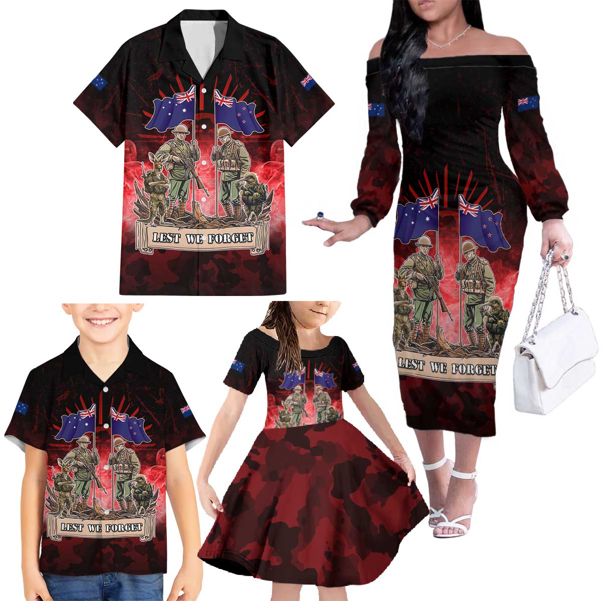 Australia And New Zealand ANZAC Day Family Matching Off The Shoulder Long Sleeve Dress and Hawaiian Shirt Soldiers Lest We Forget