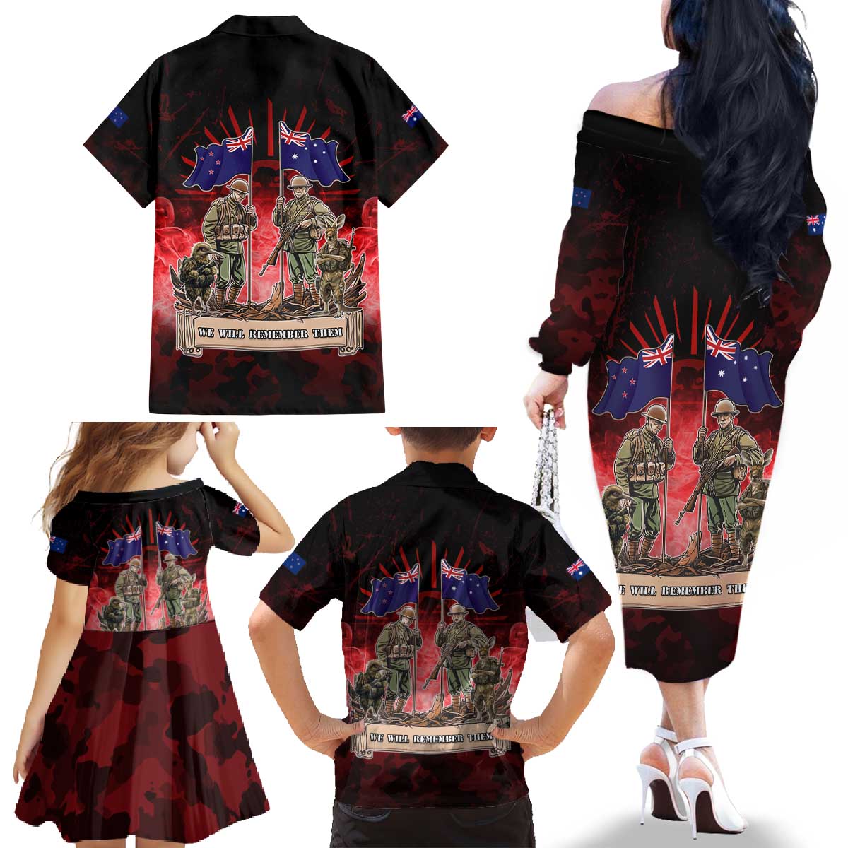 Australia And New Zealand ANZAC Day Family Matching Off The Shoulder Long Sleeve Dress and Hawaiian Shirt Soldiers Lest We Forget