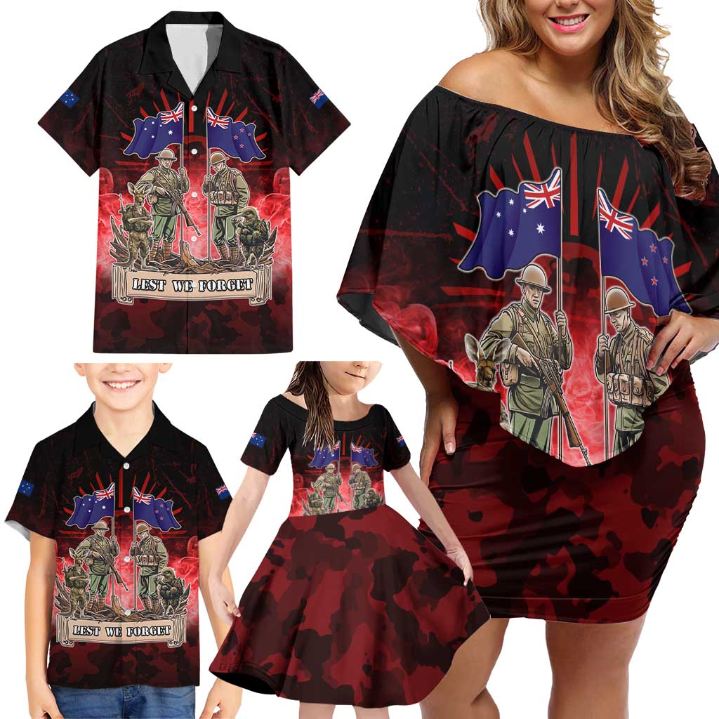 Australia And New Zealand ANZAC Day Family Matching Off Shoulder Short Dress and Hawaiian Shirt Soldiers Lest We Forget