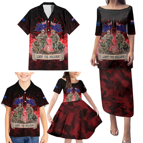 Australia And New Zealand ANZAC Day Family Matching Puletasi and Hawaiian Shirt Soldiers Lest We Forget