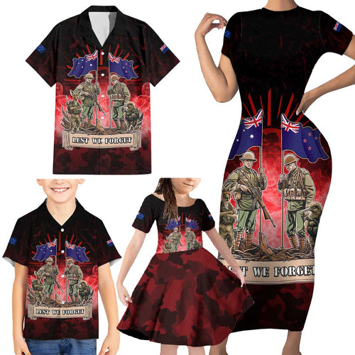 Australia And New Zealand ANZAC Day Family Matching Short Sleeve Bodycon Dress and Hawaiian Shirt Soldiers Lest We Forget