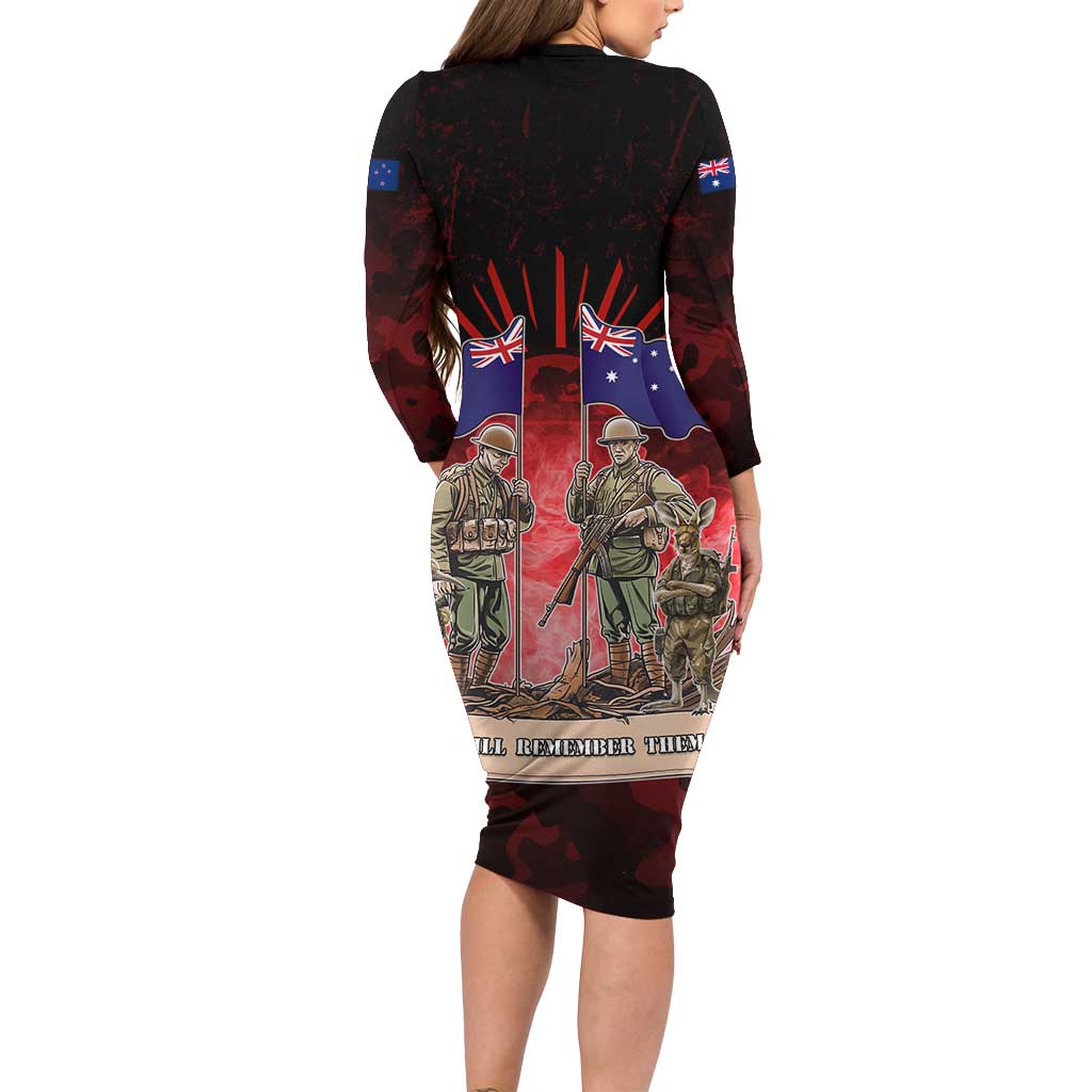 Australia And New Zealand ANZAC Day Long Sleeve Bodycon Dress Soldiers Lest We Forget