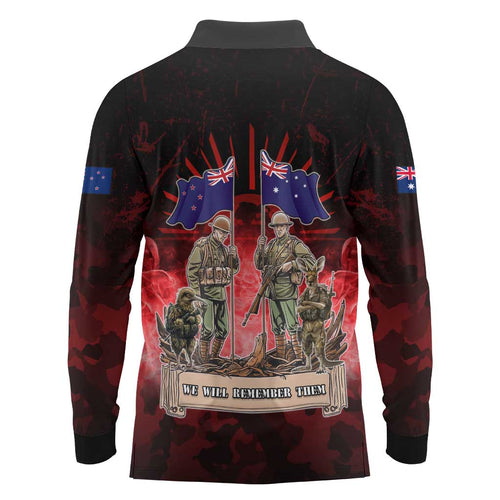 Australia And New Zealand ANZAC Day Long Sleeve Polo Shirt Soldiers Lest We Forget