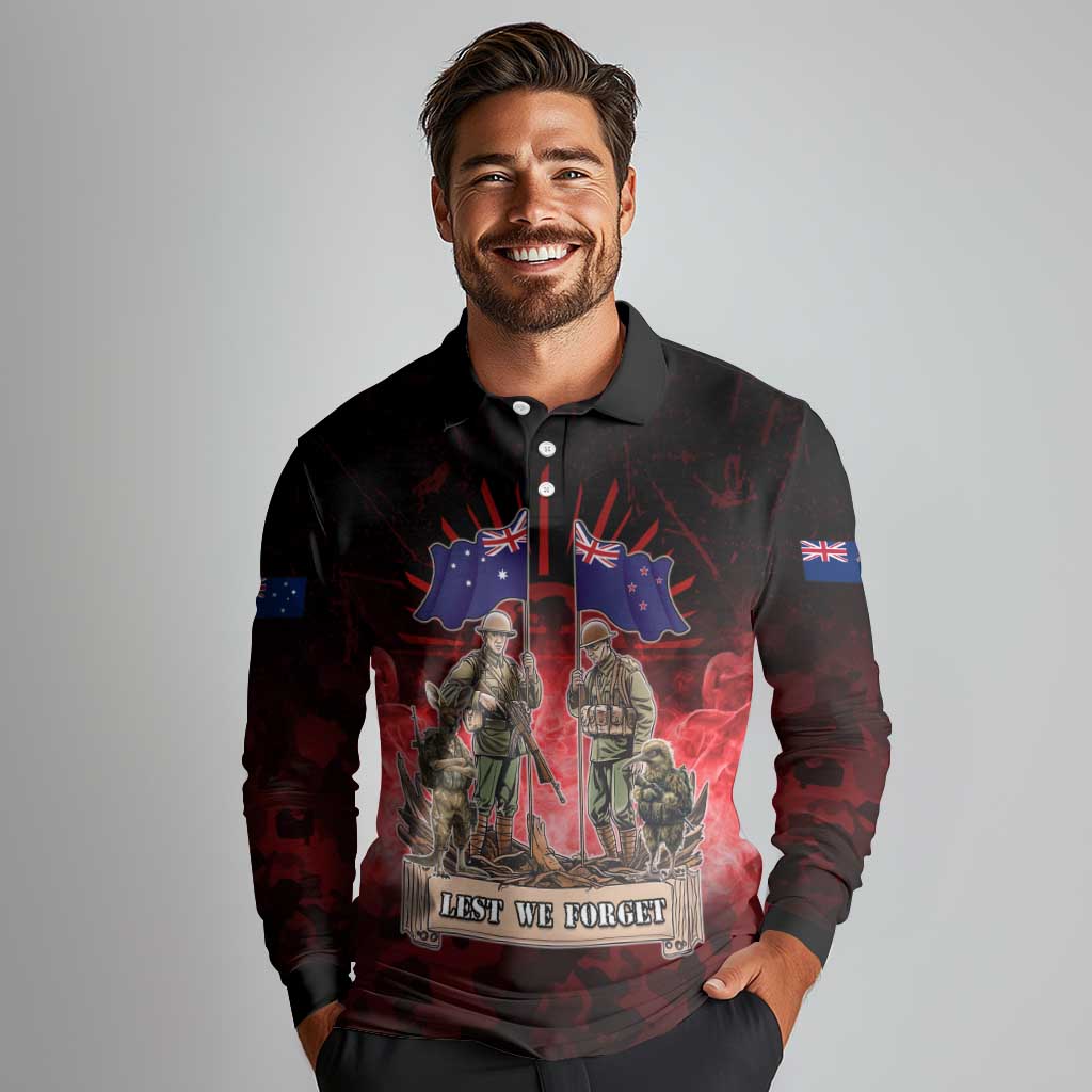 Australia And New Zealand ANZAC Day Long Sleeve Polo Shirt Soldiers Lest We Forget
