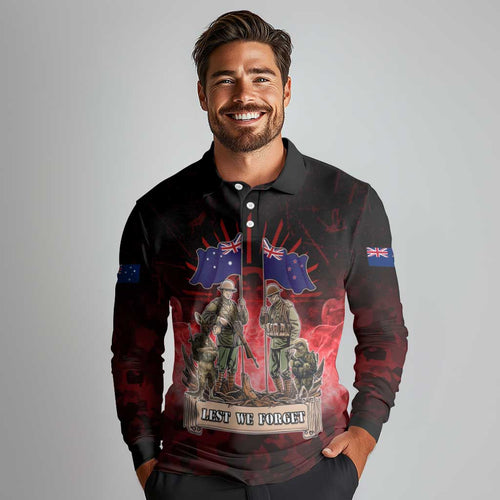 Australia And New Zealand ANZAC Day Long Sleeve Polo Shirt Soldiers Lest We Forget
