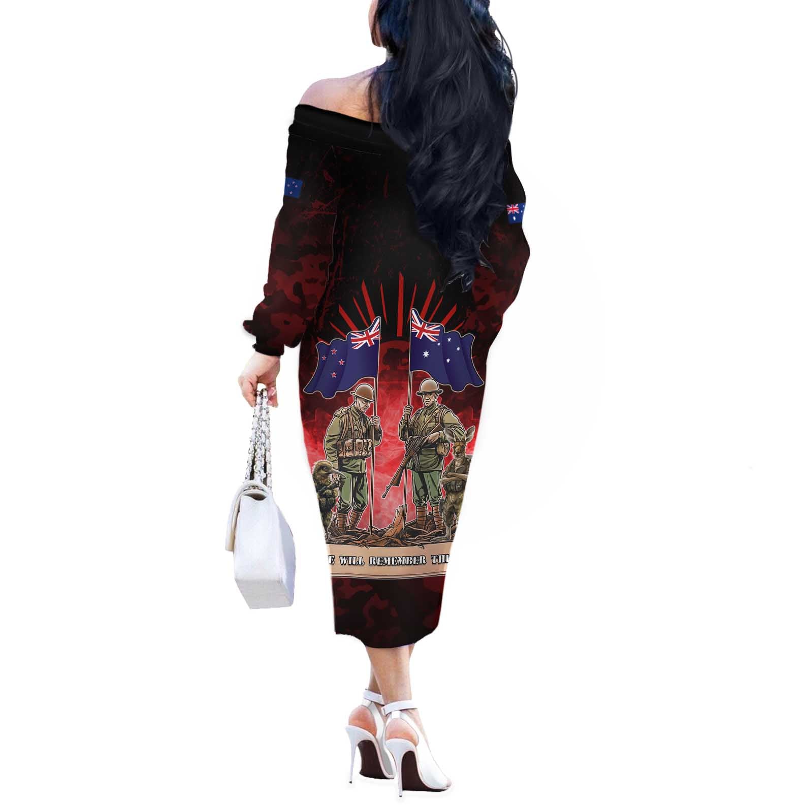 Australia And New Zealand ANZAC Day Off The Shoulder Long Sleeve Dress Soldiers Lest We Forget