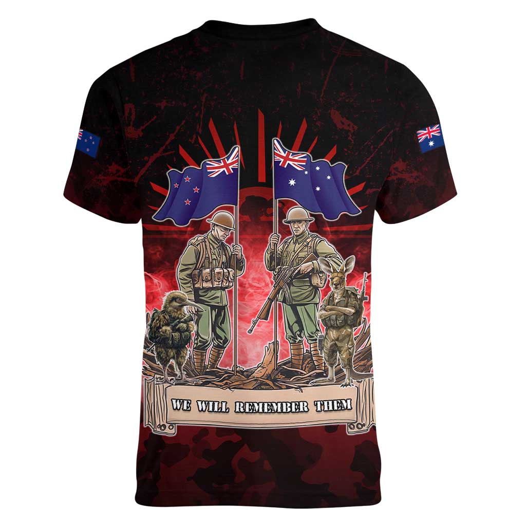 Australia And New Zealand ANZAC Day Women V-Neck T-Shirt Soldiers Lest We Forget