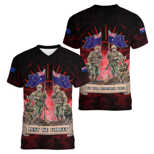 Australia And New Zealand ANZAC Day Women V-Neck T-Shirt Soldiers Lest We Forget