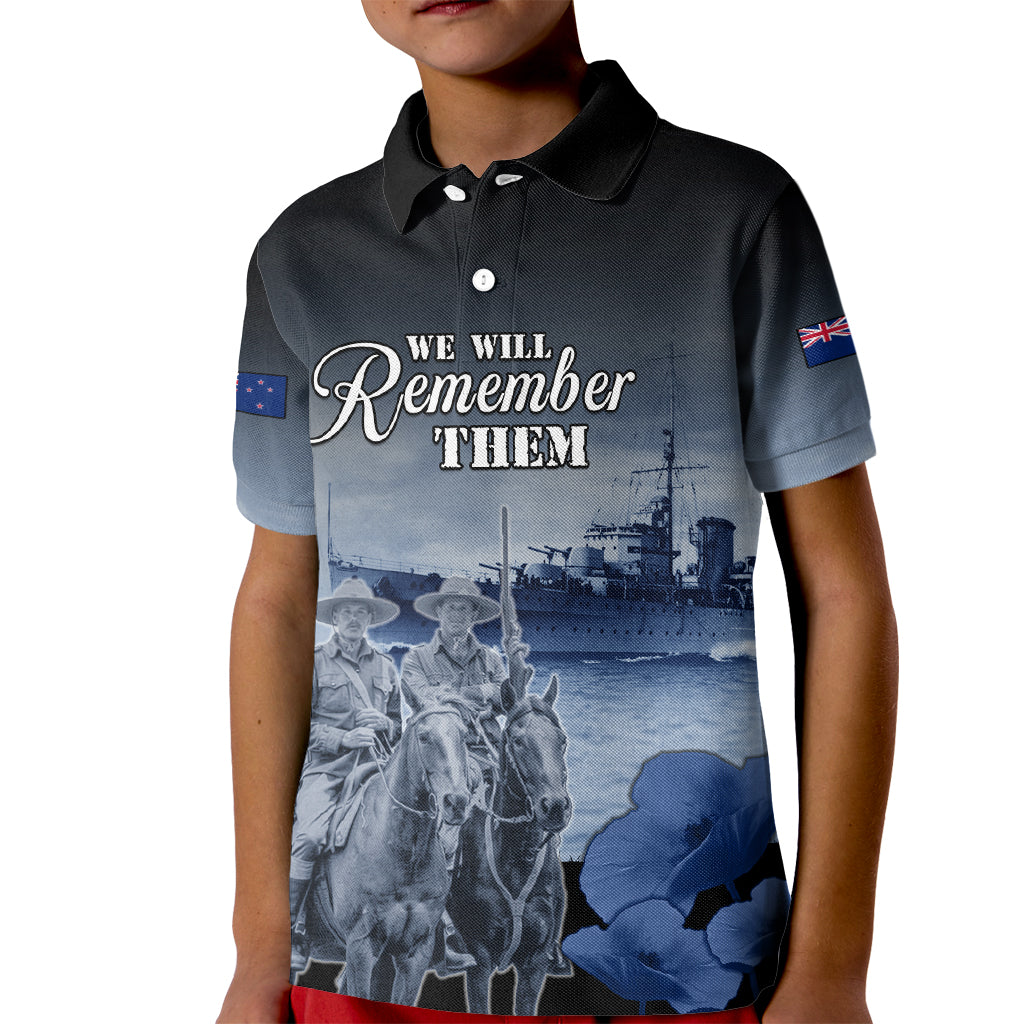 New Zealand ANZAC Day Kid Polo Shirt HMNZS Achilles We Will Remember Them