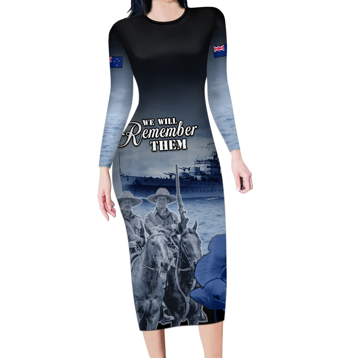 New Zealand ANZAC Day Long Sleeve Bodycon Dress HMNZS Achilles We Will Remember Them