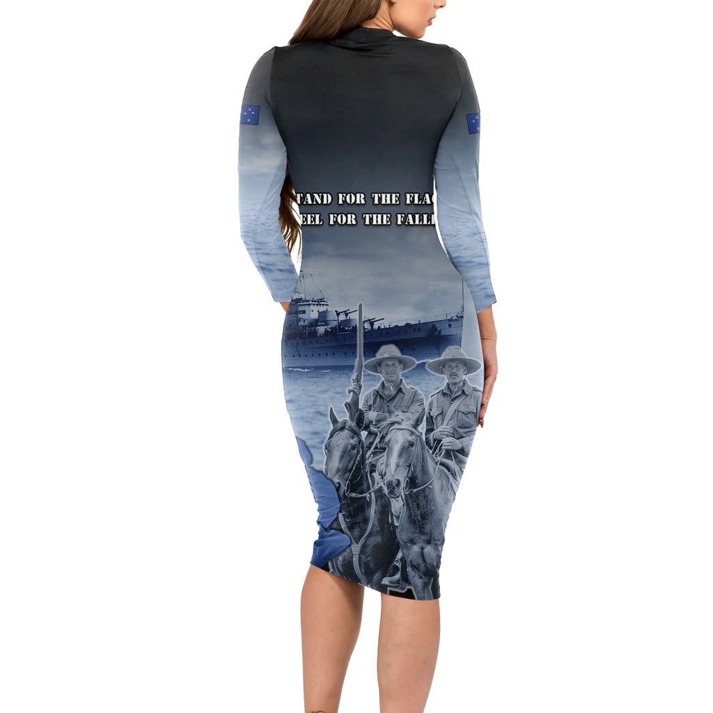 New Zealand ANZAC Day Long Sleeve Bodycon Dress HMNZS Achilles We Will Remember Them