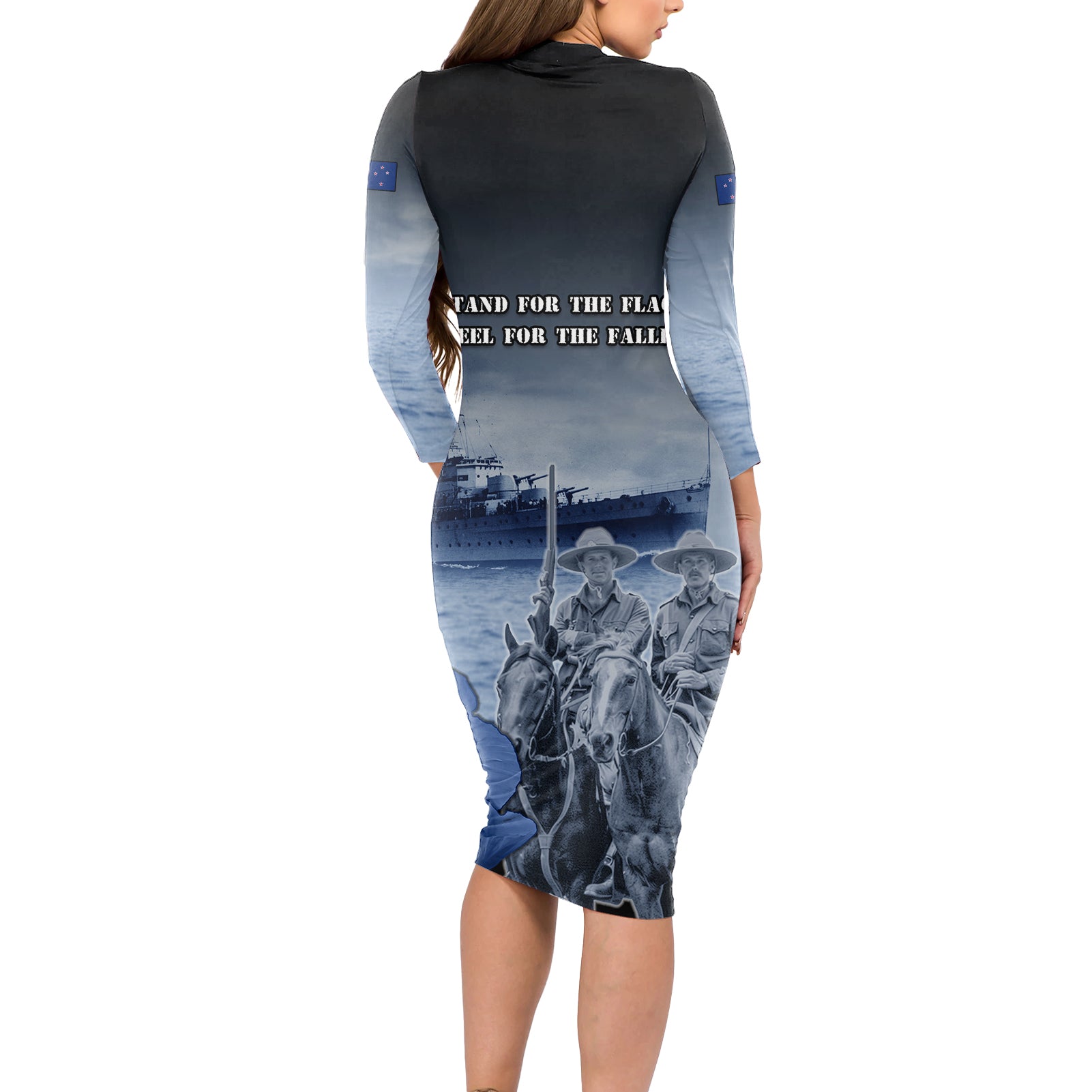 New Zealand ANZAC Day Long Sleeve Bodycon Dress HMNZS Achilles We Will Remember Them