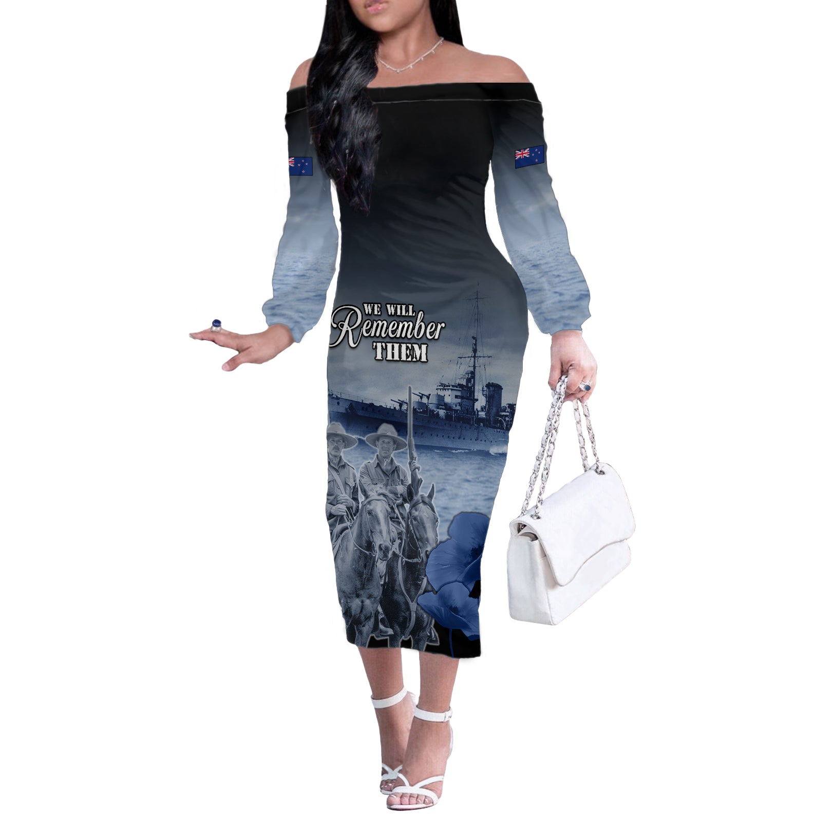 New Zealand ANZAC Day Off The Shoulder Long Sleeve Dress HMNZS Achilles We Will Remember Them