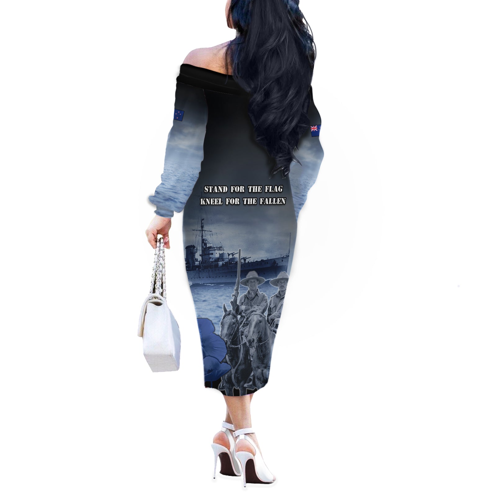 New Zealand ANZAC Day Off The Shoulder Long Sleeve Dress HMNZS Achilles We Will Remember Them