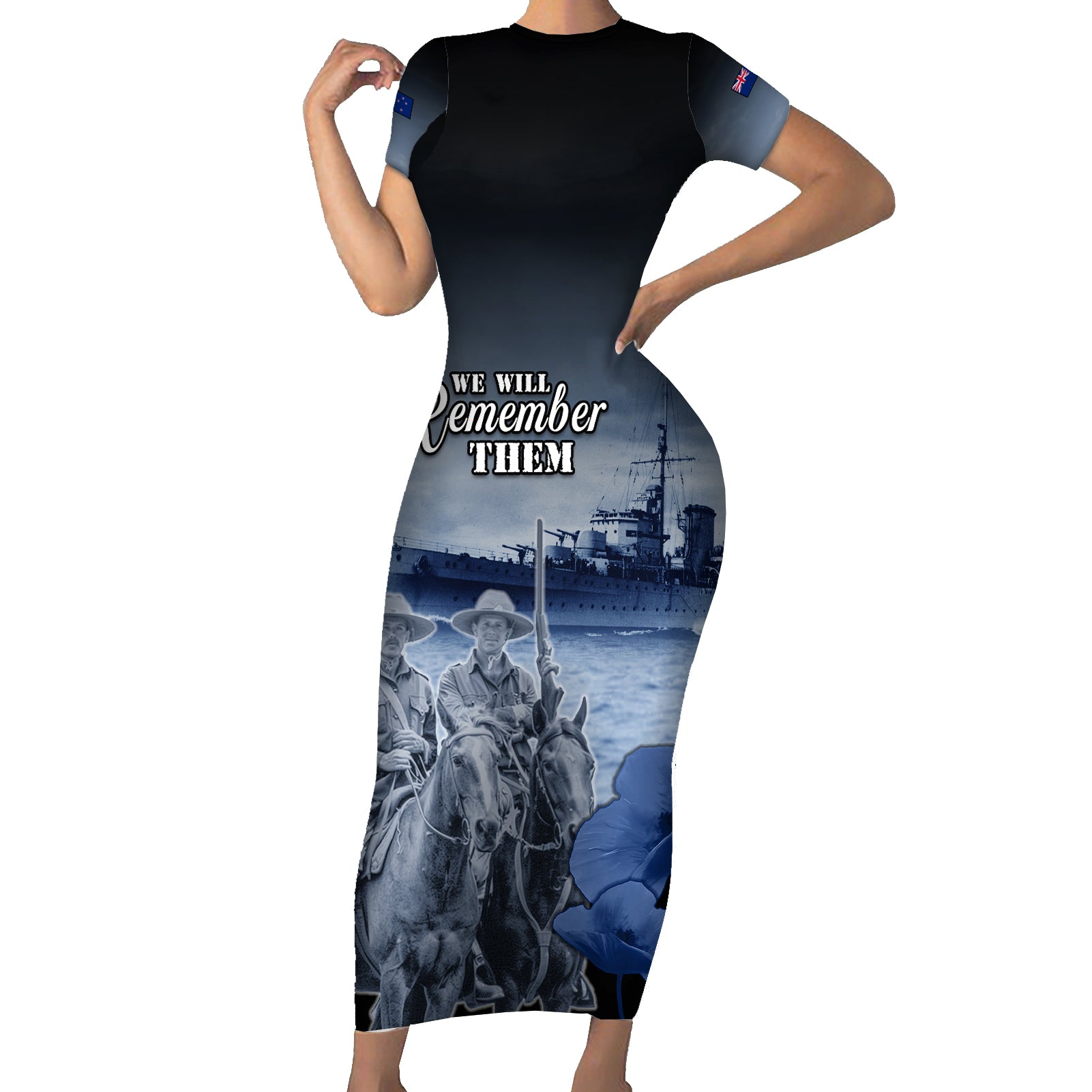 New Zealand ANZAC Day Short Sleeve Bodycon Dress HMNZS Achilles We Will Remember Them
