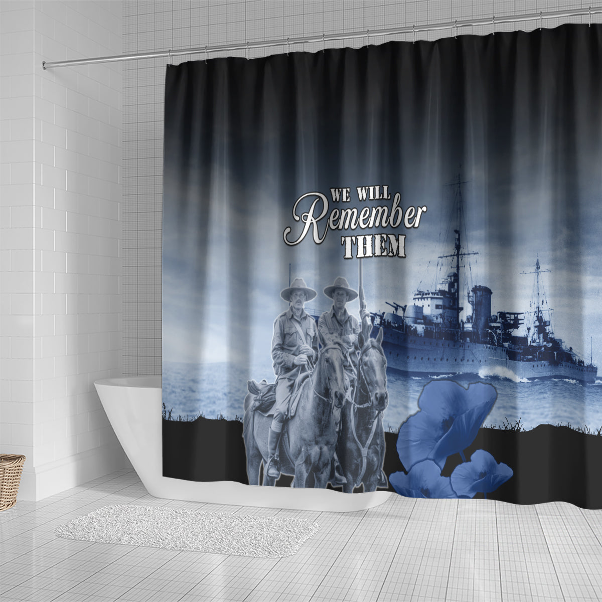 New Zealand ANZAC Day Shower Curtain HMNZS Achilles We Will Remember Them