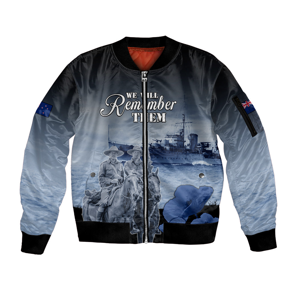 New Zealand ANZAC Day Sleeve Zip Bomber Jacket HMNZS Achilles We Will Remember Them
