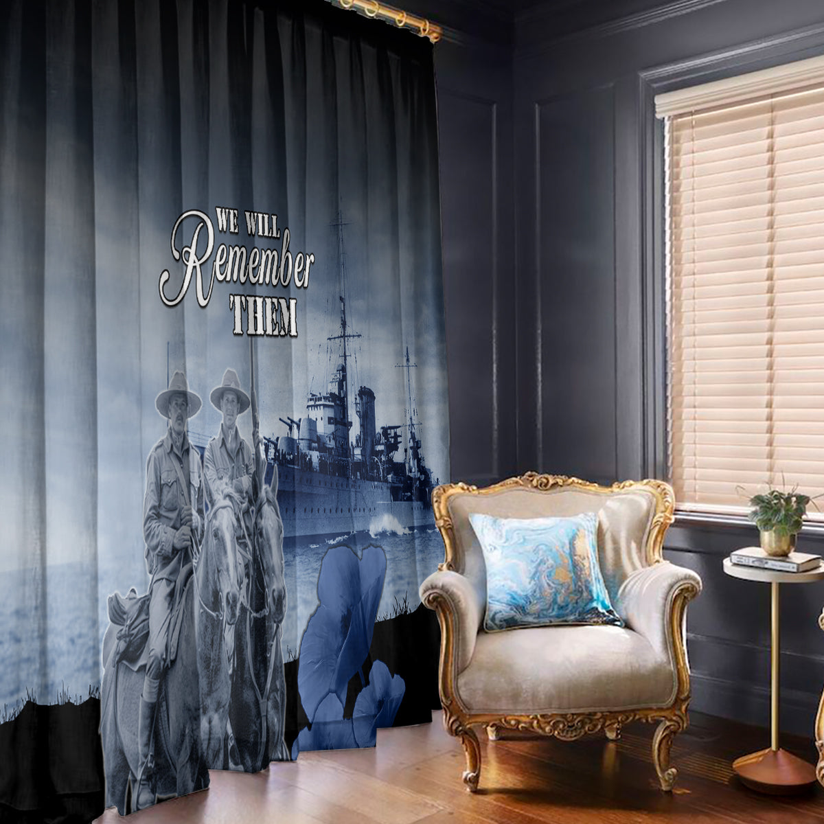 New Zealand ANZAC Day Window Curtain HMNZS Achilles We Will Remember Them
