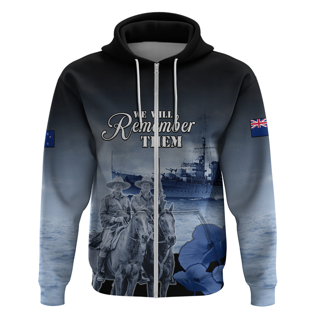 New Zealand ANZAC Day Zip Hoodie HMNZS Achilles We Will Remember Them