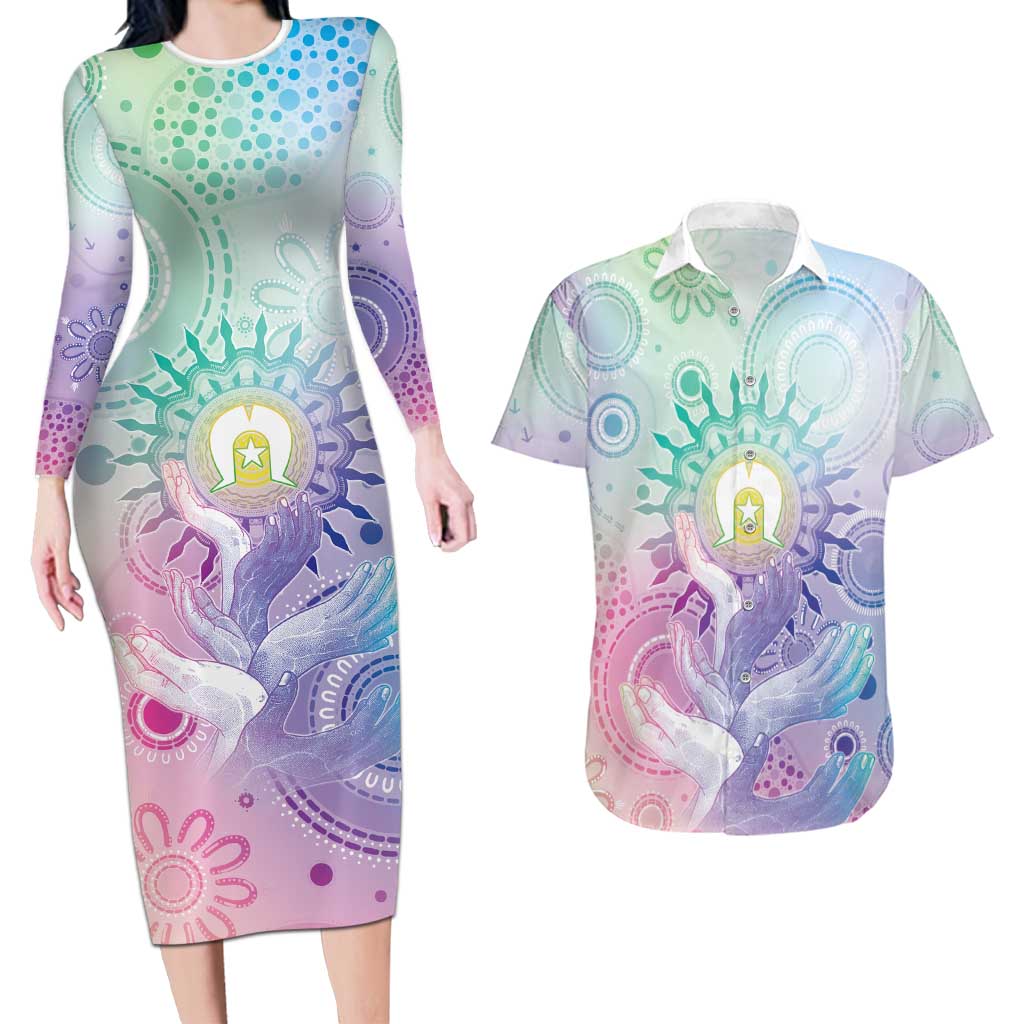 Aussie NAIDOC Week Couples Matching Long Sleeve Bodycon Dress and Hawaiian Shirt Pastel Aboriginal Dot Art