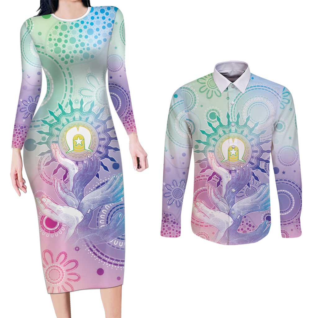 Aussie NAIDOC Week Couples Matching Long Sleeve Bodycon Dress and Long Sleeve Button Shirt Pastel Aboriginal Dot Art