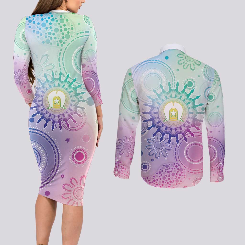 Aussie NAIDOC Week Couples Matching Long Sleeve Bodycon Dress and Long Sleeve Button Shirt Pastel Aboriginal Dot Art