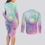 Aussie NAIDOC Week Couples Matching Long Sleeve Bodycon Dress and Long Sleeve Button Shirt Pastel Aboriginal Dot Art