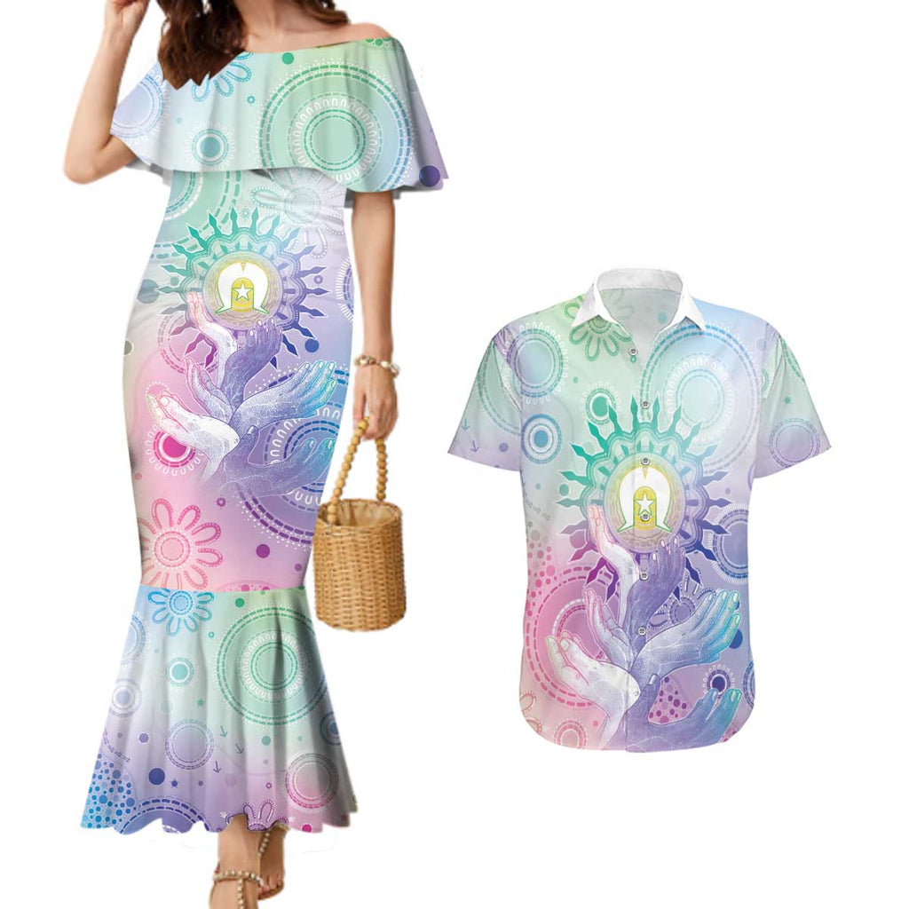 Aussie NAIDOC Week Couples Matching Mermaid Dress and Hawaiian Shirt Pastel Aboriginal Dot Art