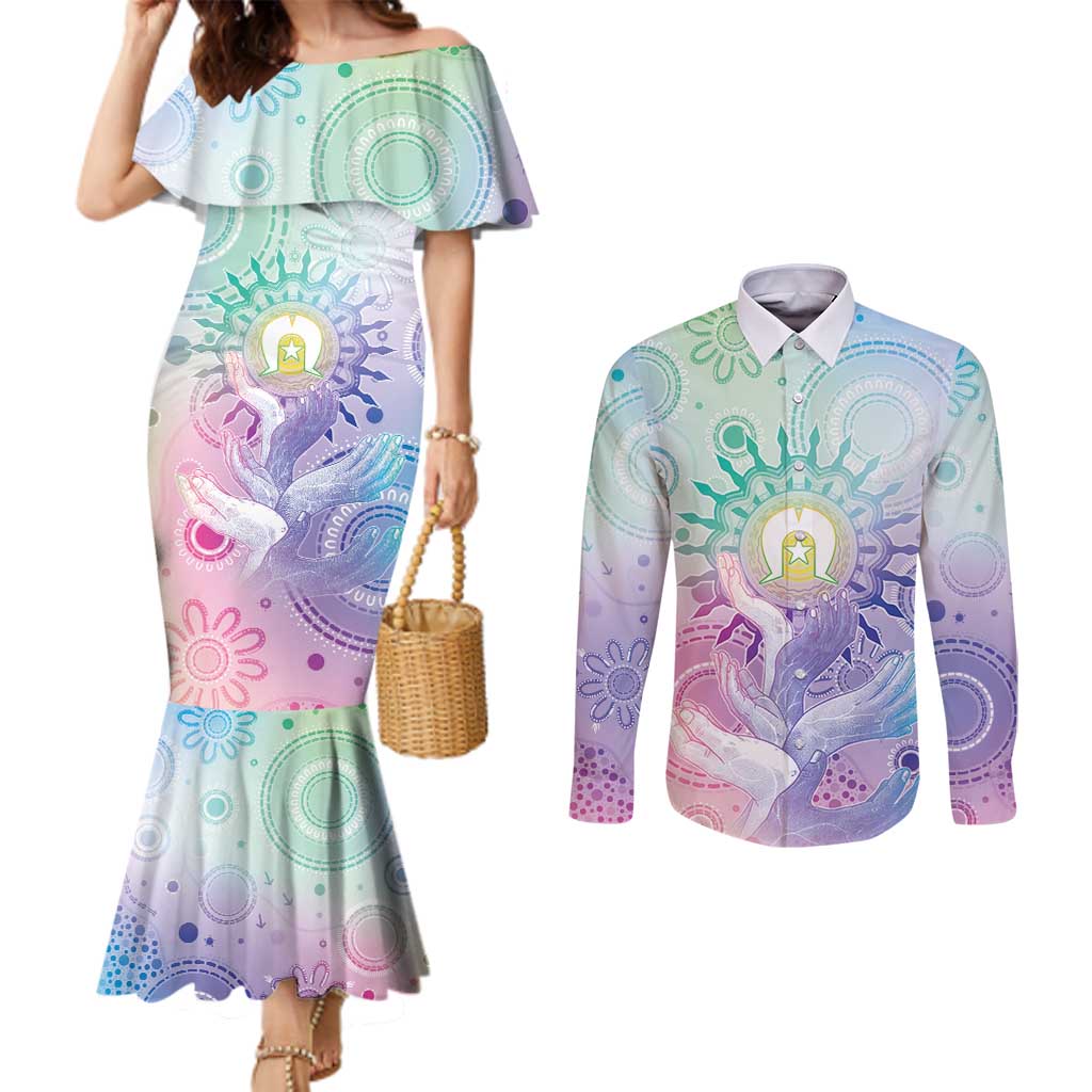 Aussie NAIDOC Week Couples Matching Mermaid Dress and Long Sleeve Button Shirt Pastel Aboriginal Dot Art