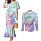 Aussie NAIDOC Week Couples Matching Mermaid Dress and Long Sleeve Button Shirt Pastel Aboriginal Dot Art