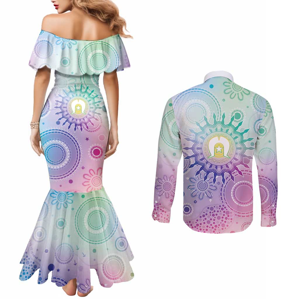 Aussie NAIDOC Week Couples Matching Mermaid Dress and Long Sleeve Button Shirt Pastel Aboriginal Dot Art