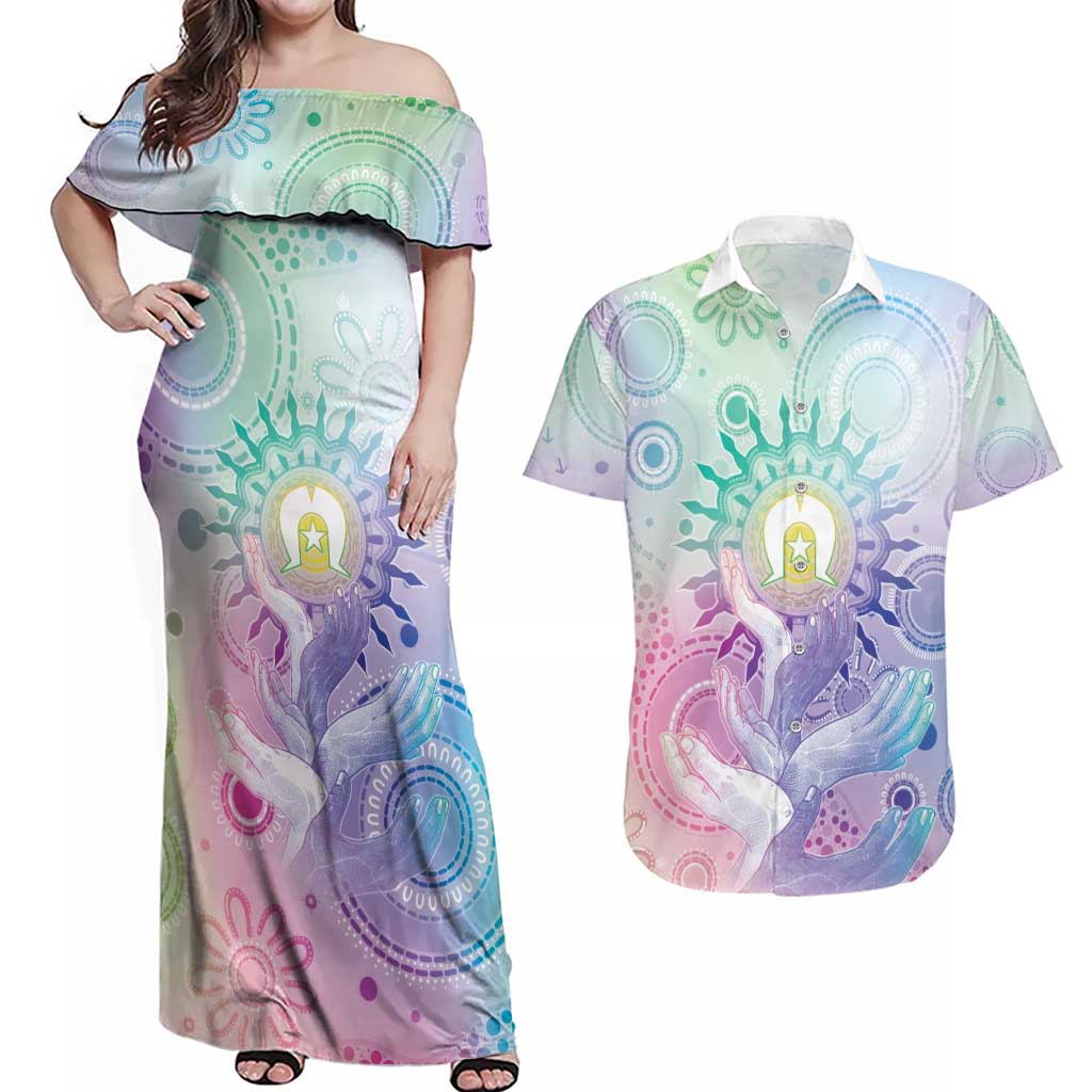 Aussie NAIDOC Week Couples Matching Off Shoulder Maxi Dress and Hawaiian Shirt Pastel Aboriginal Dot Art