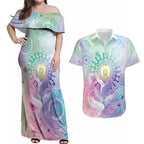 Aussie NAIDOC Week Couples Matching Off Shoulder Maxi Dress and Hawaiian Shirt Pastel Aboriginal Dot Art