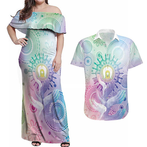 Aussie NAIDOC Week Couples Matching Off Shoulder Maxi Dress and Hawaiian Shirt Pastel Aboriginal Dot Art