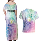 Aussie NAIDOC Week Couples Matching Off Shoulder Maxi Dress and Hawaiian Shirt Pastel Aboriginal Dot Art