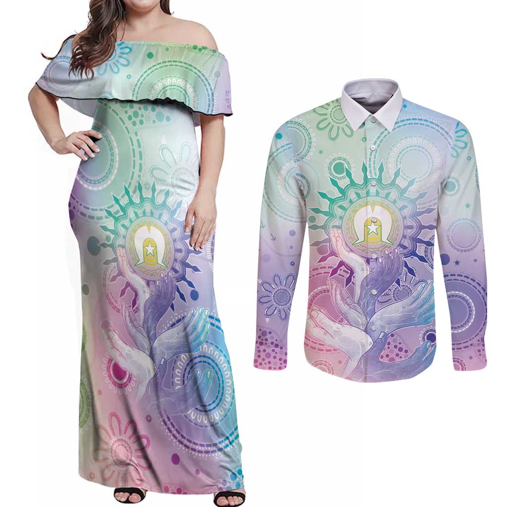 Aussie NAIDOC Week Couples Matching Off Shoulder Maxi Dress and Long Sleeve Button Shirt Pastel Aboriginal Dot Art
