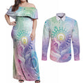Aussie NAIDOC Week Couples Matching Off Shoulder Maxi Dress and Long Sleeve Button Shirt Pastel Aboriginal Dot Art