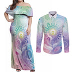 Aussie NAIDOC Week Couples Matching Off Shoulder Maxi Dress and Long Sleeve Button Shirt Pastel Aboriginal Dot Art