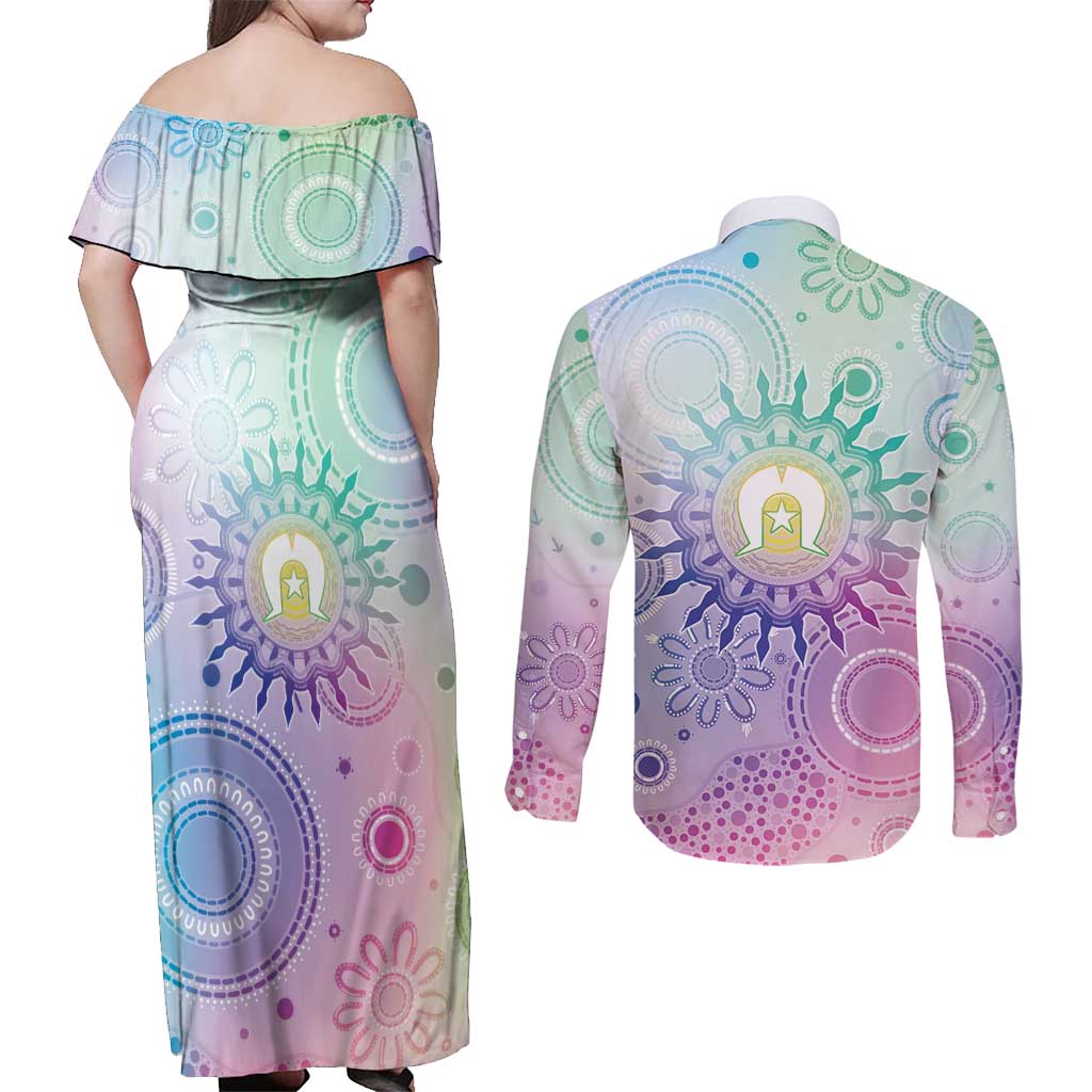 Aussie NAIDOC Week Couples Matching Off Shoulder Maxi Dress and Long Sleeve Button Shirt Pastel Aboriginal Dot Art