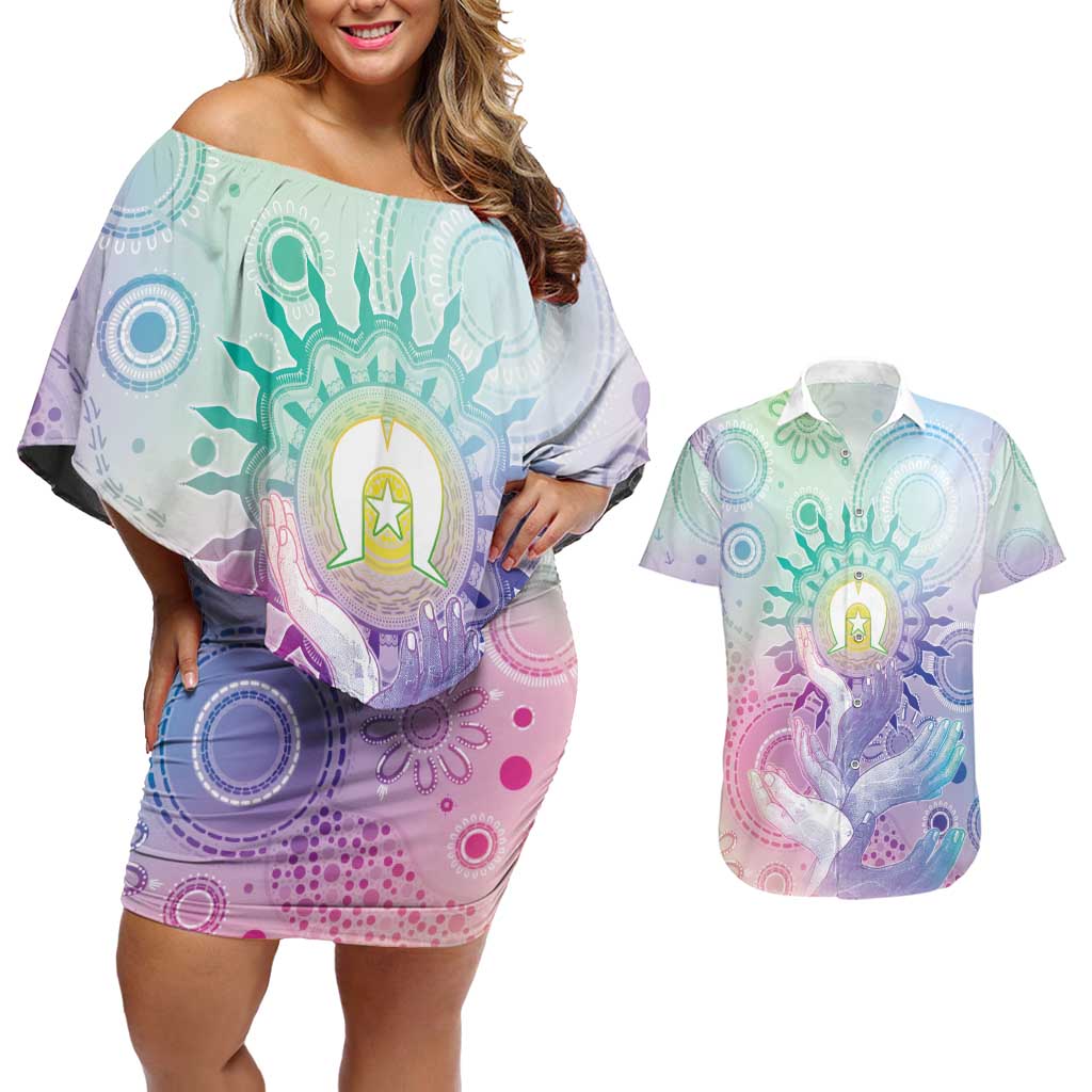 Aussie NAIDOC Week Couples Matching Off Shoulder Short Dress and Hawaiian Shirt Pastel Aboriginal Dot Art